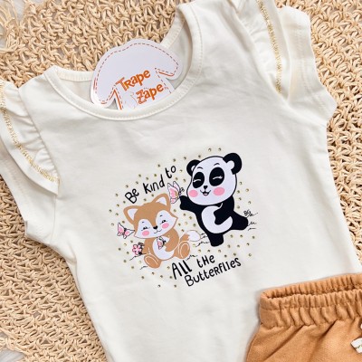 Conj. Blusa Raposinha com Panda e Bermuda - Off White e Cappuccino